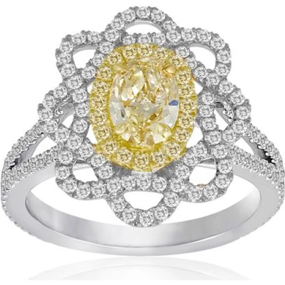 Roman & Jules - 18K White and Yellow Gold Halo Ring with Oval Fancy Yellow Diamond and Round Diamonds - 1.02 Carat Total Diamond Weight