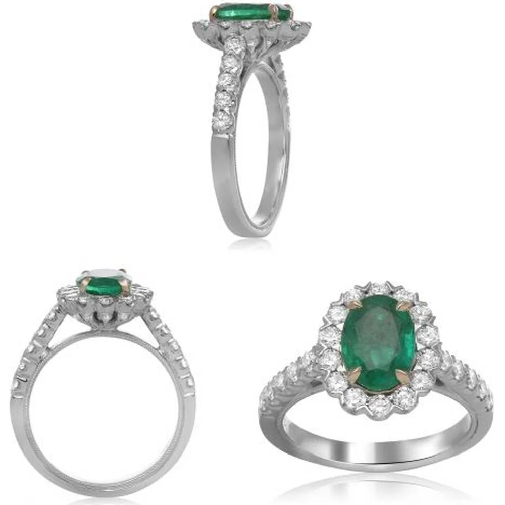 Roman & Jules - 18K White and Yellow Gold Halo Ring with Oval GIA-Certified Emerald and Round Diamonds - 1.38 Carat Total Gem Weight