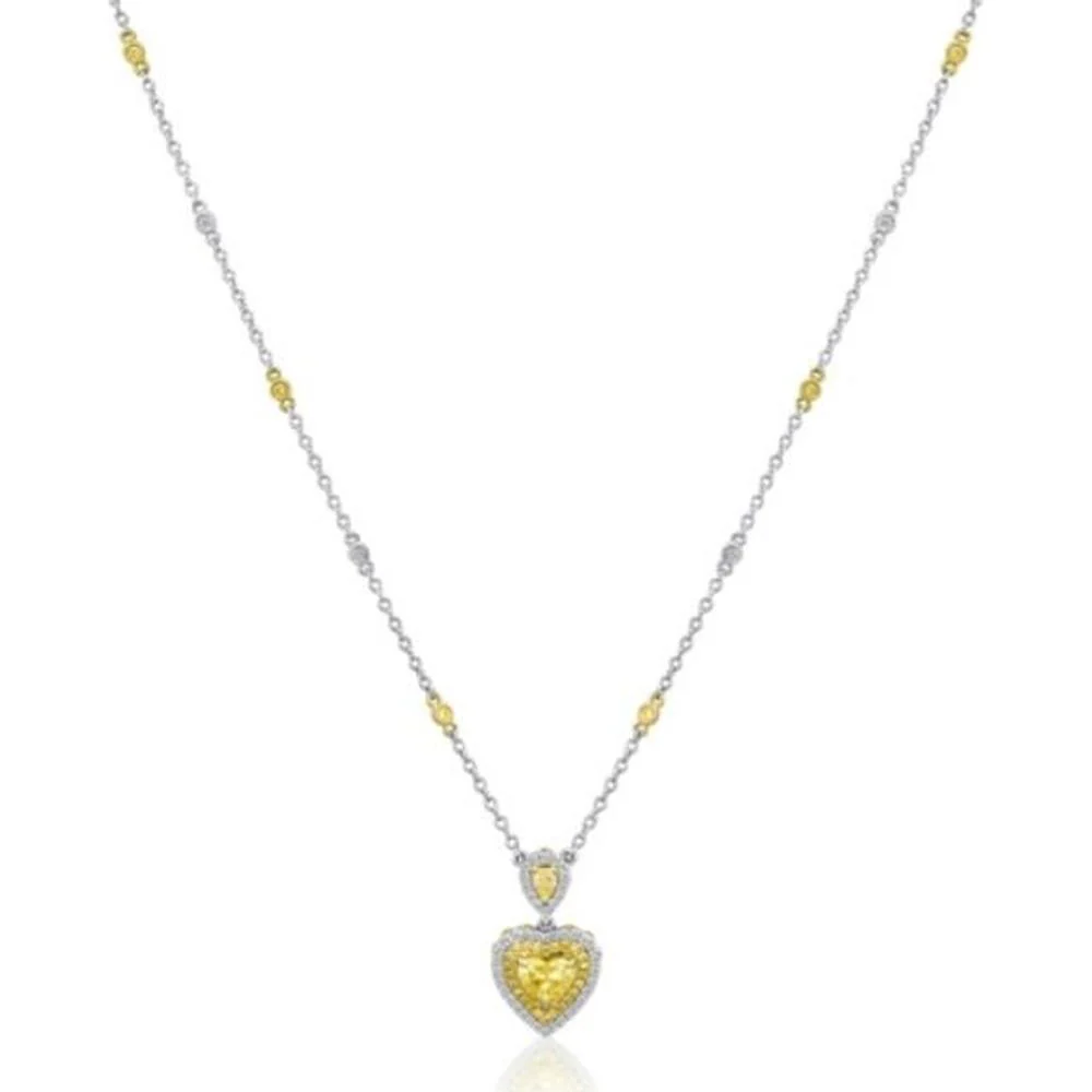 Roman & Jules - 18K White and Yellow Gold Heart Pendant Necklace with Fancy Yellow Diamonds and White Diamond Halo - 1.04 Carat Total Diamond Weight