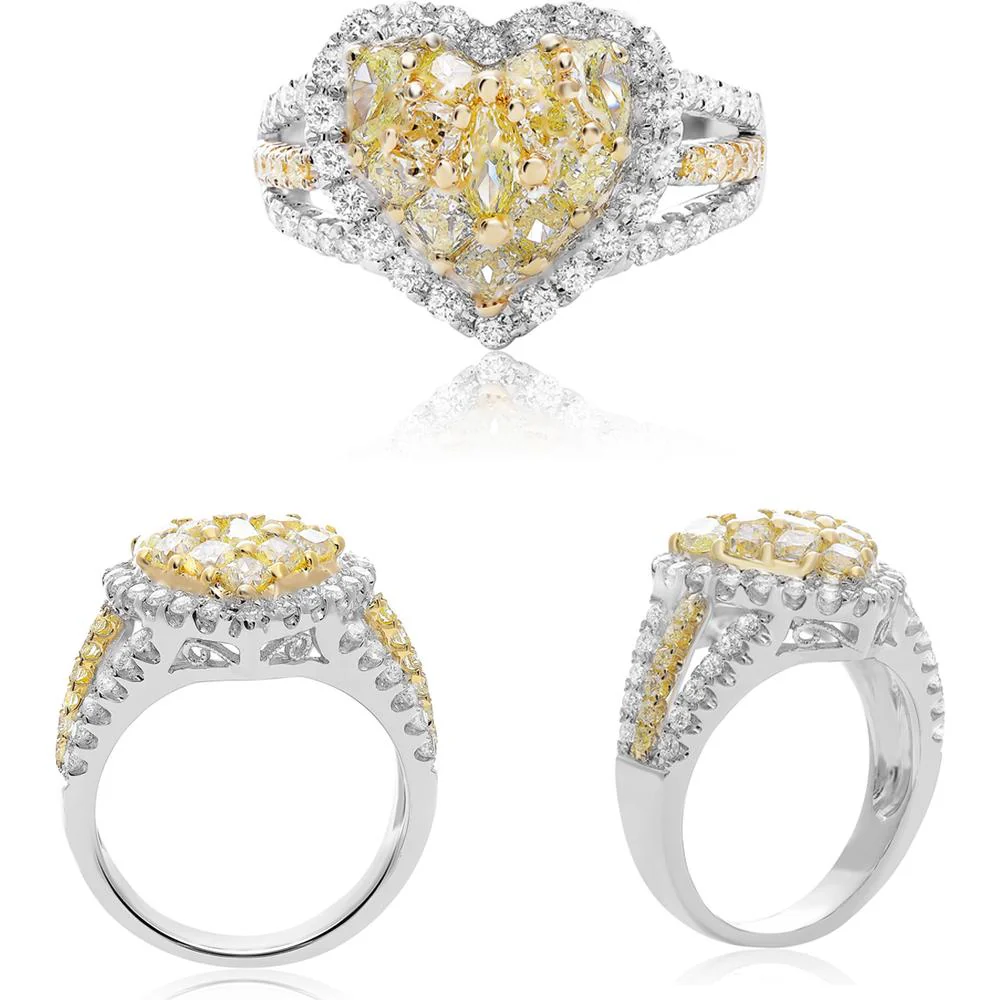 Roman & Jules - 18K White & Yellow Gold Heart Shape Fancy Yellow Diamond Ring with Round, Pear, and Radiant Cut Diamonds - 1.61 Carat Total Diamond Weight