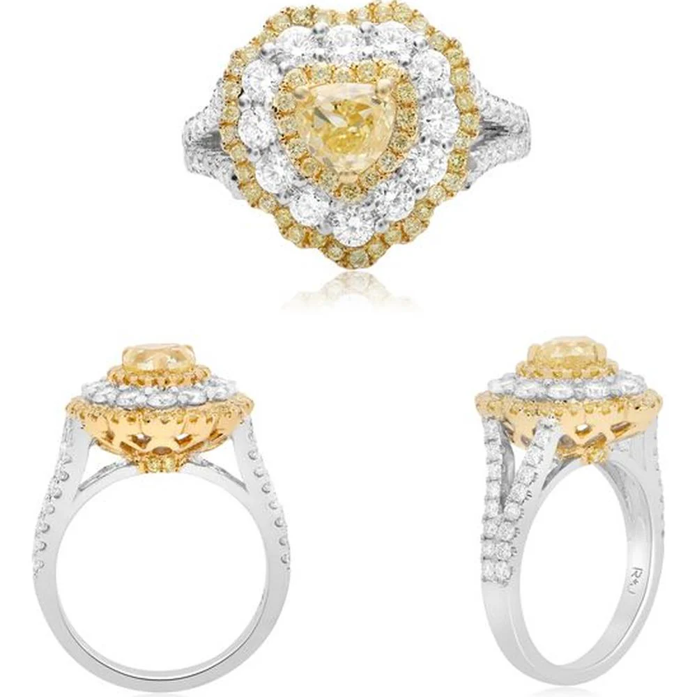 Roman & Jules - 18K White and Yellow Gold Heart Shaped Fancy Yellow Diamond Ring with Round Diamond Halo - 1.54 Carat Total Diamond Weight