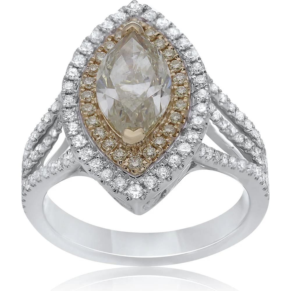 Roman & Jules - 18K White and Yellow Gold Marquise Cut Fancy Yellow Diamond Ring with Round Diamond Halo - 1.68 Carat Total Diamond Weight