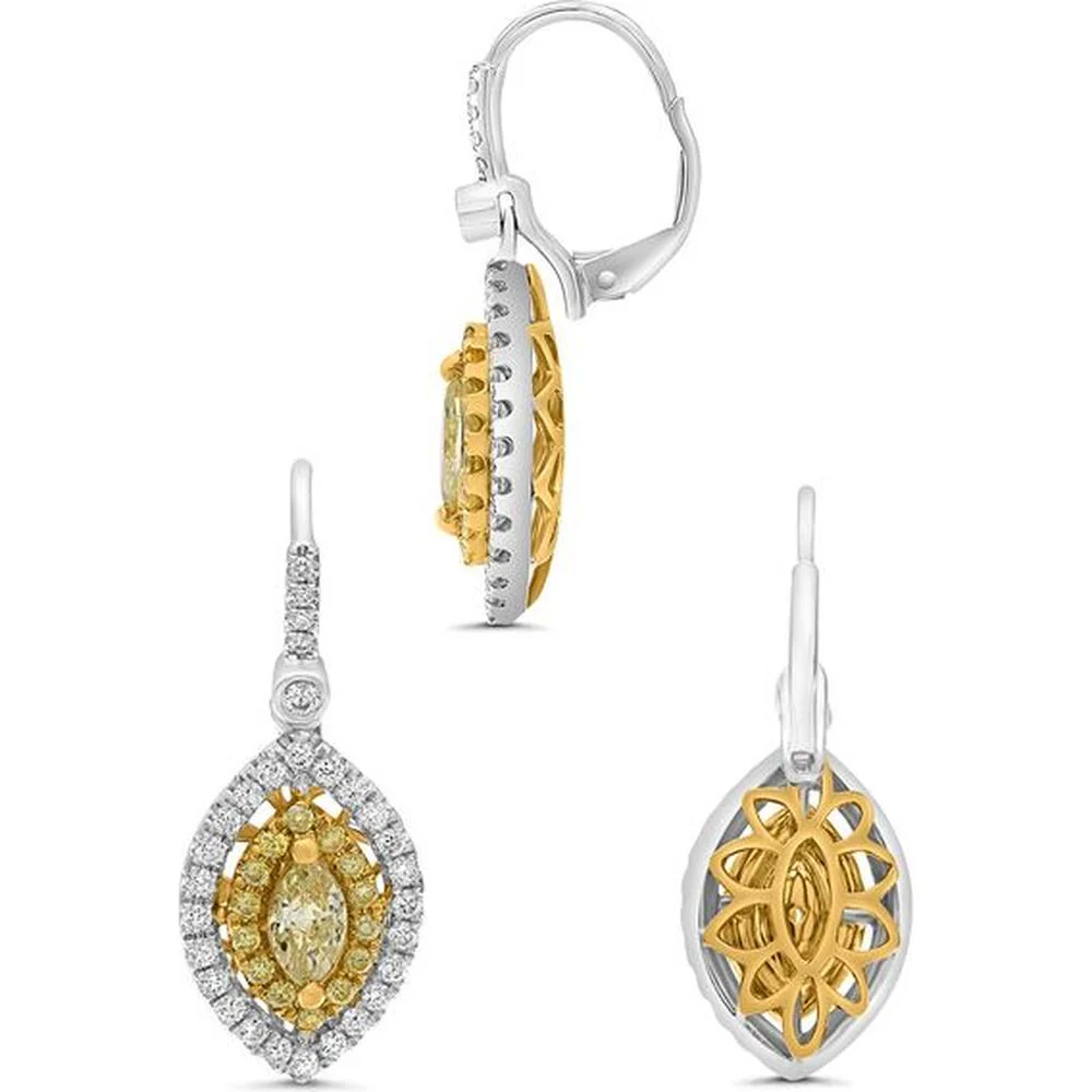 Roman & Jules - 18K White and Yellow Gold Marquise Fancy Yellow Diamond Earrings with Round Diamond Halo - 1.06 Carat Total Diamond Weight