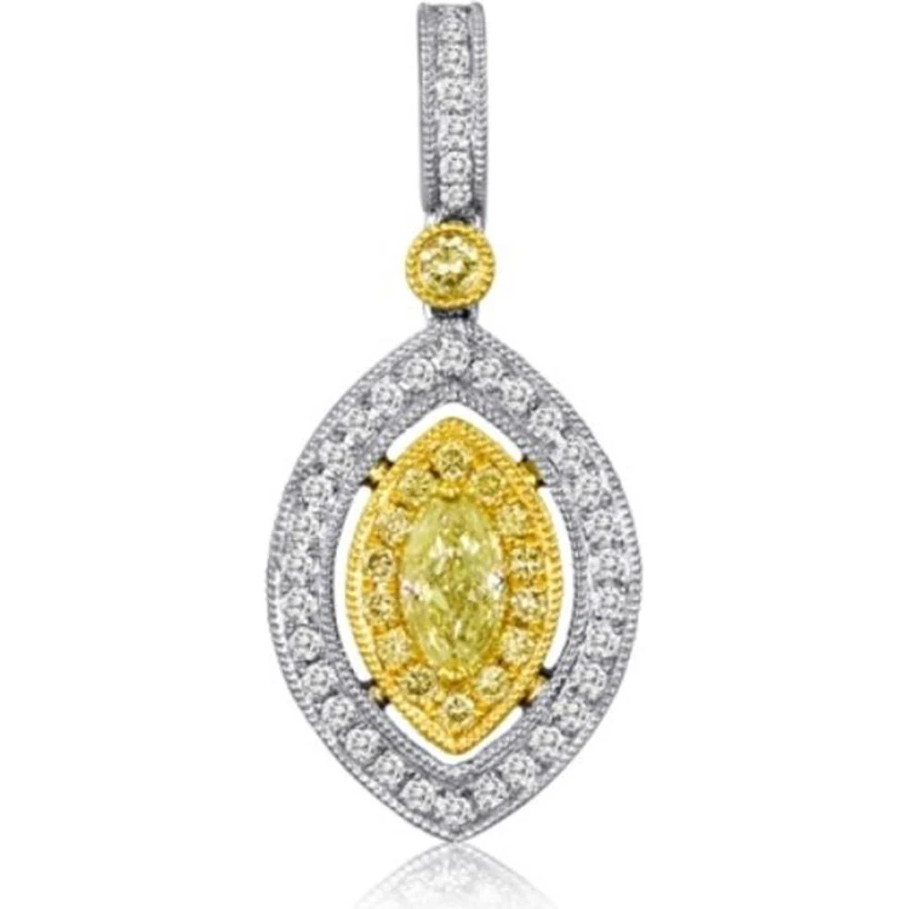 Roman & Jules - 18K White and Yellow Gold Marquise Fancy Yellow Diamond Pendant with Round Diamonds - 0.50 Carat Total Diamond Weight
