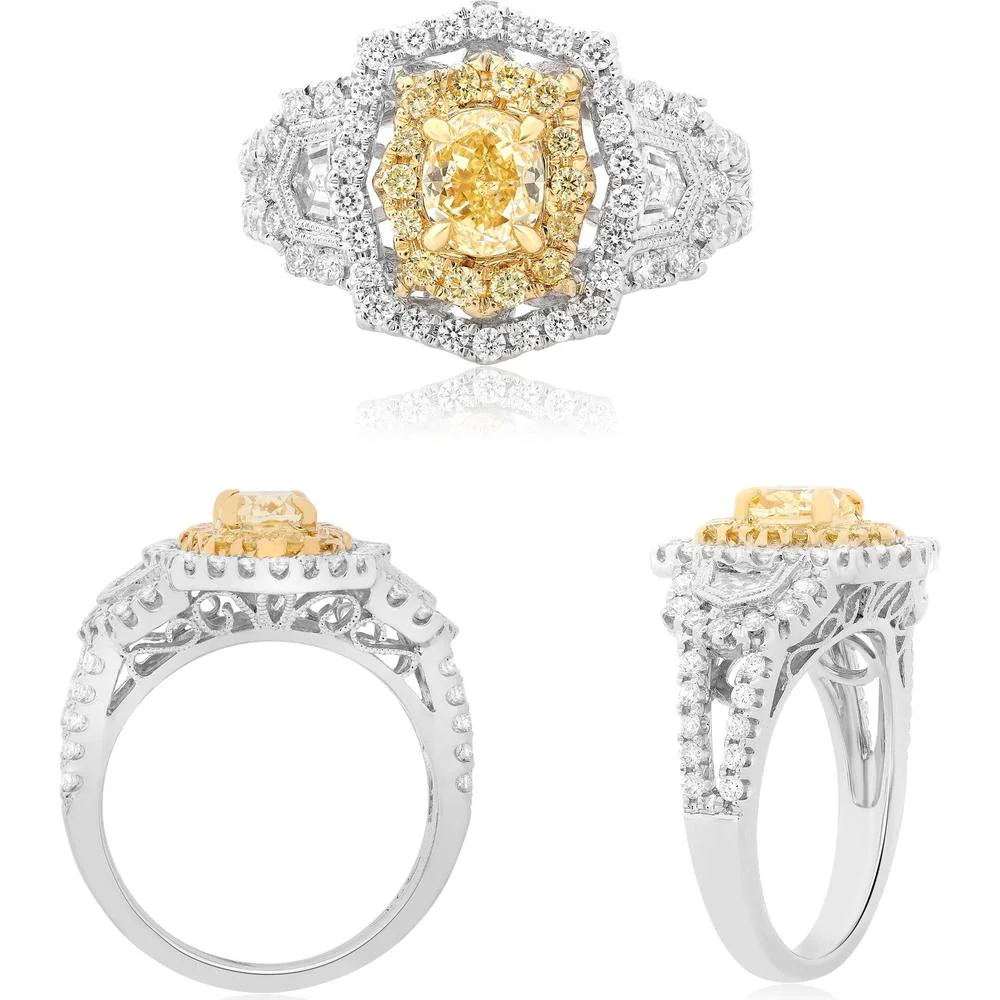 Roman & Jules - 18K White and Yellow Gold Mixed Cut Yellow Diamond Ring with Oval and Round Diamonds - 1.64 Carat Total Diamond Weight