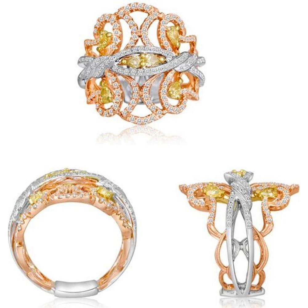 Roman & Jules - 18K White and Yellow Gold Mixed Shape Fancy Yellow Diamond Ring with Round and Pear Diamonds - 1.10 Carat Total Diamond Weight