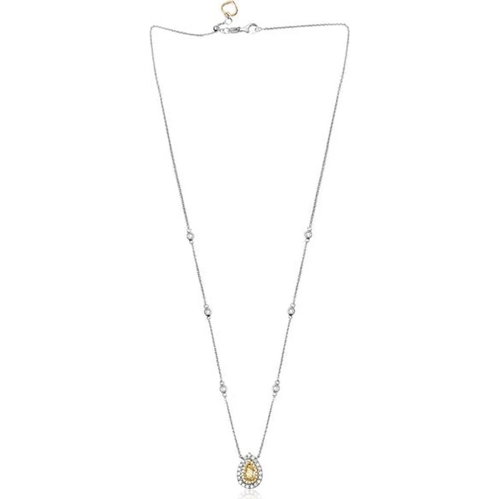 Roman & Jules - 18K White and Yellow Gold Necklace with Fancy Yellow Pear Shape Diamond and Diamond Halo - 0.62 Carat Total Diamond Weight