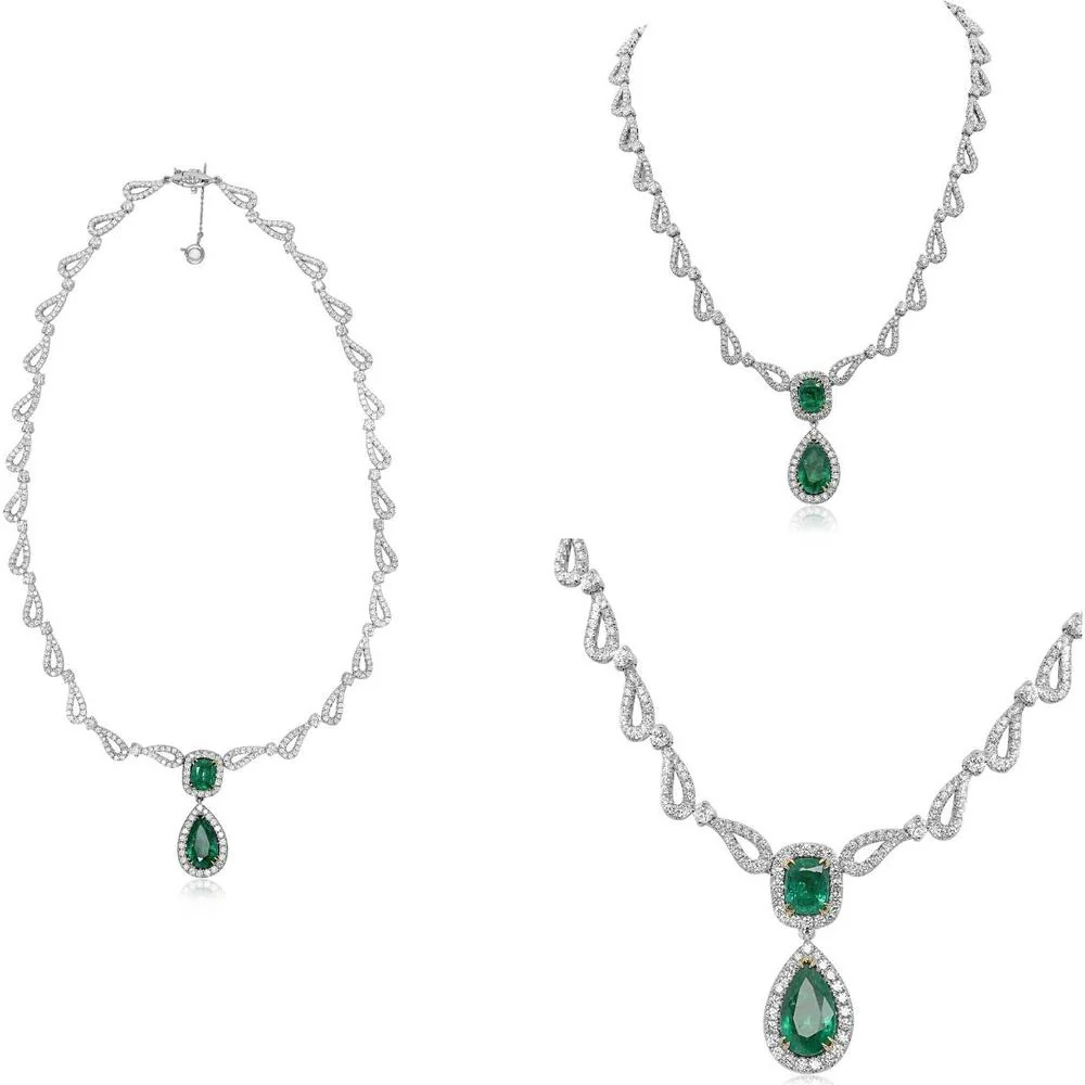 Roman & Jules - 18K White & Yellow Gold Ornate Emerald Drop Necklace with Round Diamond Halo - 5.50 Carat Emerald, 7.19 Carat Total Diamond Weight