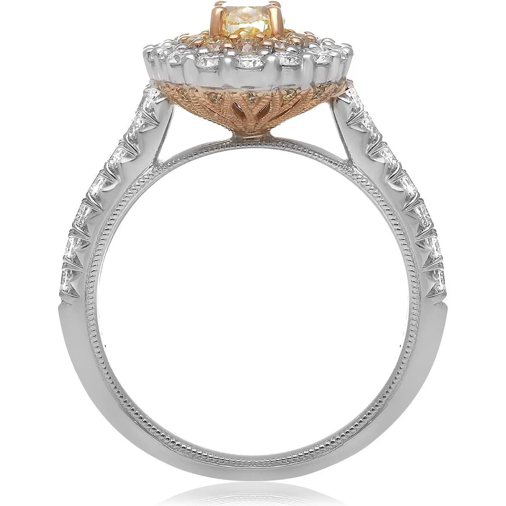 Roman & Jules - 18K White & Yellow Gold Oval Double Halo Diamond Ring with Fancy Yellow and Round Diamonds - 1.10 Carat Total Diamond Weight