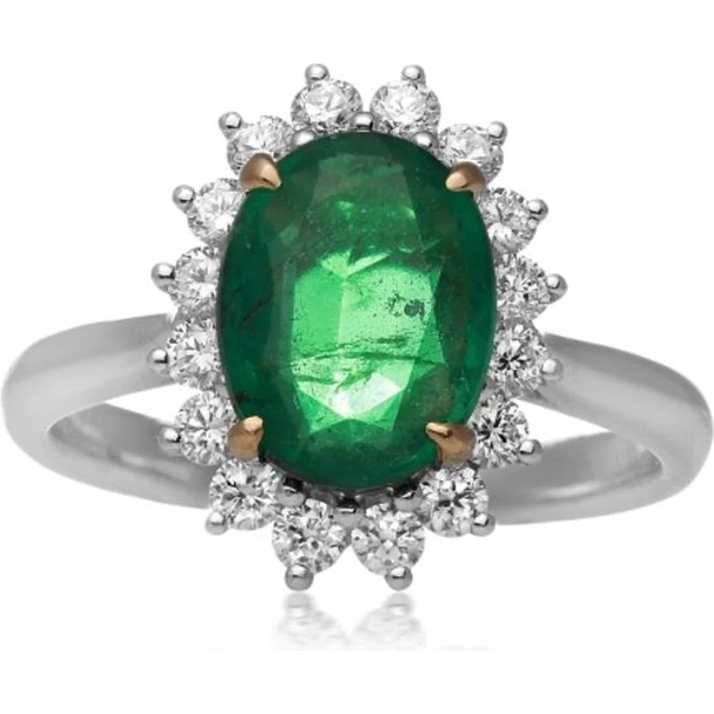 Roman & Jules - 18K White and Yellow Gold Oval Emerald Halo Ring with Round Diamonds - 2.03 Carat Emerald, 0.55 Carat Total Diamond Weight