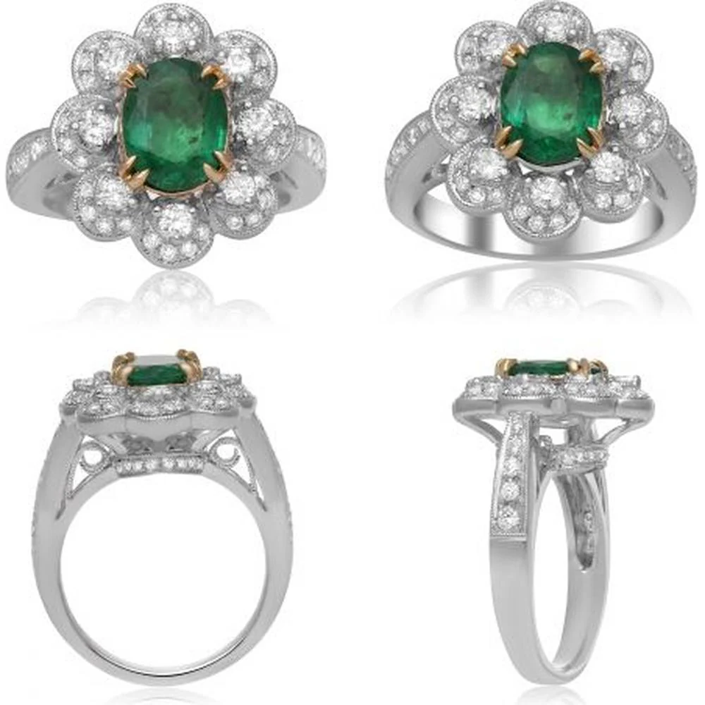 Roman & Jules - 18K White and Yellow Gold Oval Emerald Ring with Diamond Halo - 1.55 Carat Total Gemstone Weight