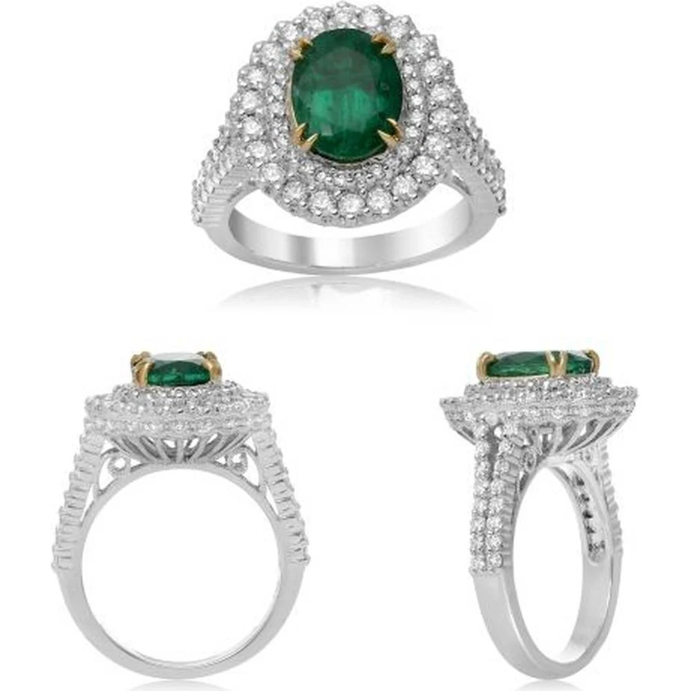 Roman & Jules - 18K White and Yellow Gold Oval Emerald Ring with Diamond Halo - 2.33 Carat Emerald, 1.29 Carat Total Diamond Weight
