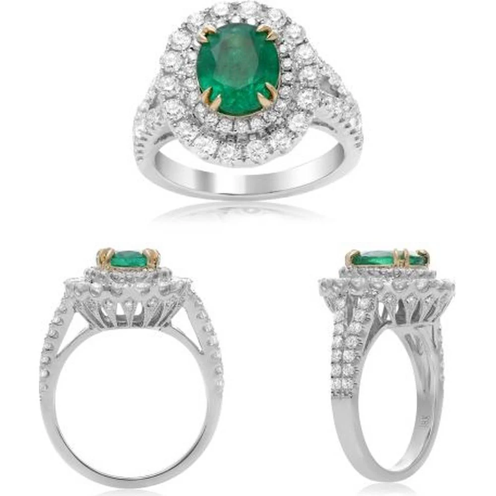 Roman & Jules - 18K White & Yellow Gold Oval Emerald Ring with Double Halo of Round Diamonds - 1.93 Carat Emerald, 1.26 Carat Total Diamond Weight