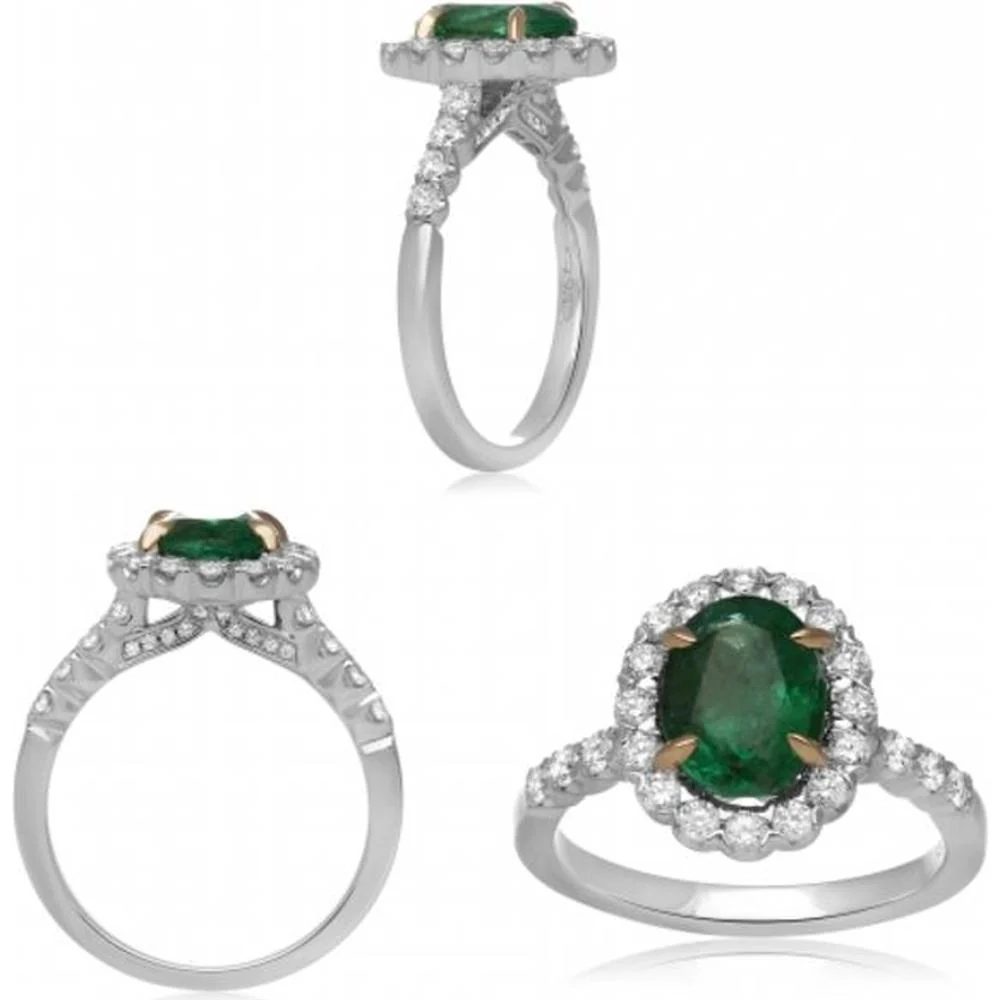 Roman & Jules - 18K White and Yellow Gold Oval Emerald Ring with Round Diamond Halo - 1.26 Carat Emerald, 0.66 Carat Diamonds