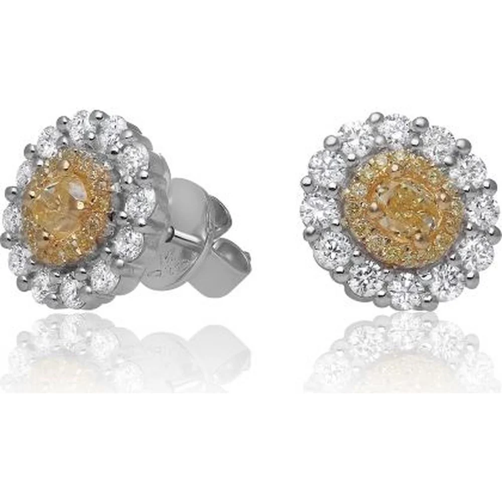 Roman & Jules - 18K White & Yellow Gold Oval Fancy Yellow Diamond Earrings with Diamond Halo - 1.42 Carat Total Diamond Weight