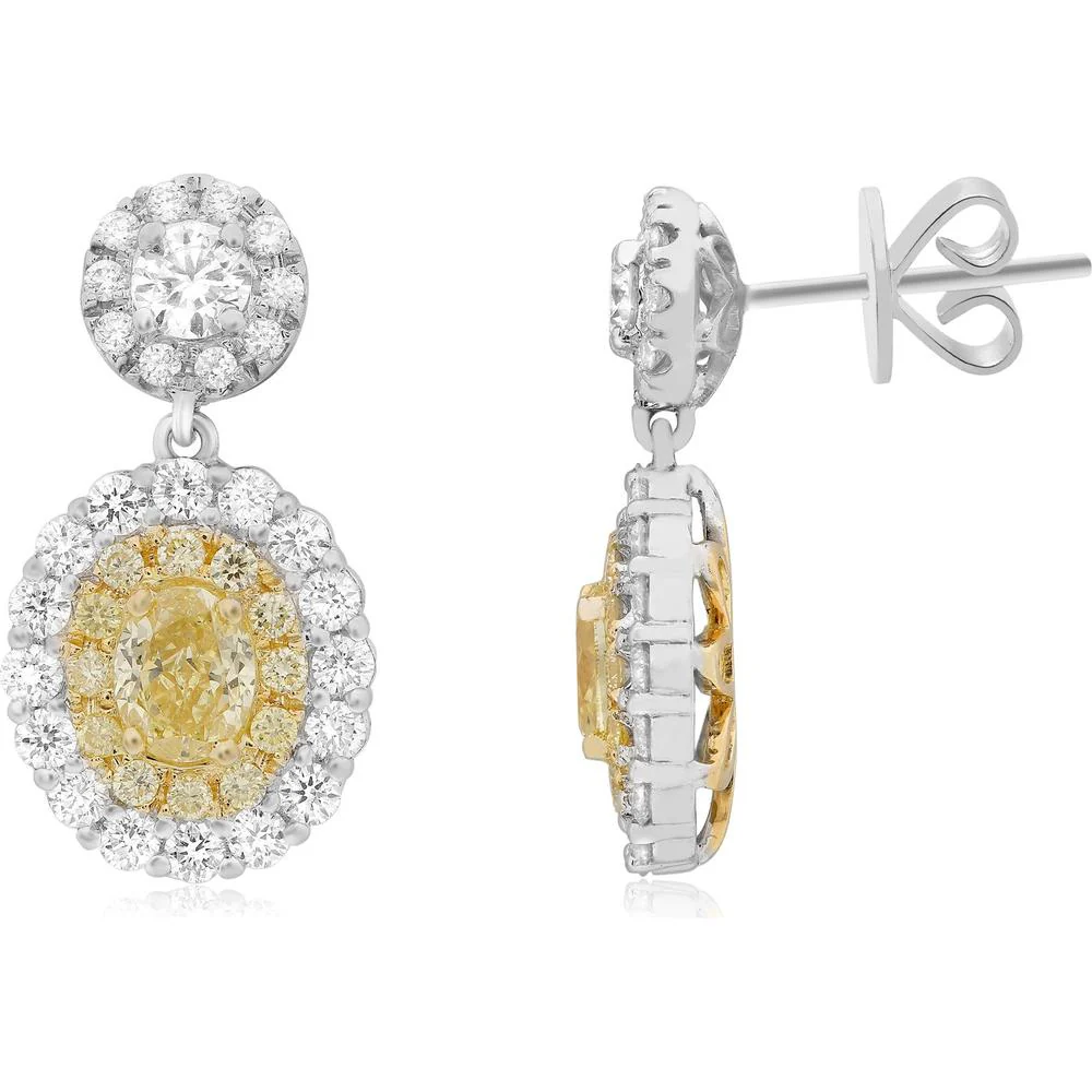Roman & Jules - 18K White and Yellow Gold Oval Fancy Yellow Diamond Earrings with Halo of Round White Diamonds - 2.55 Carat Total Diamond Weight
