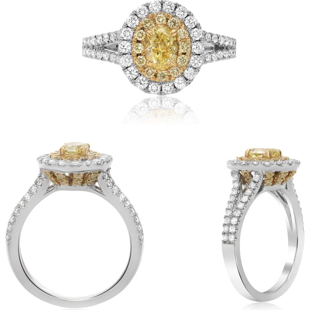 Roman & Jules - 18K White and Yellow Gold Oval Fancy Yellow Diamond Halo Ring - 1.13 Carat Total Diamond Weight