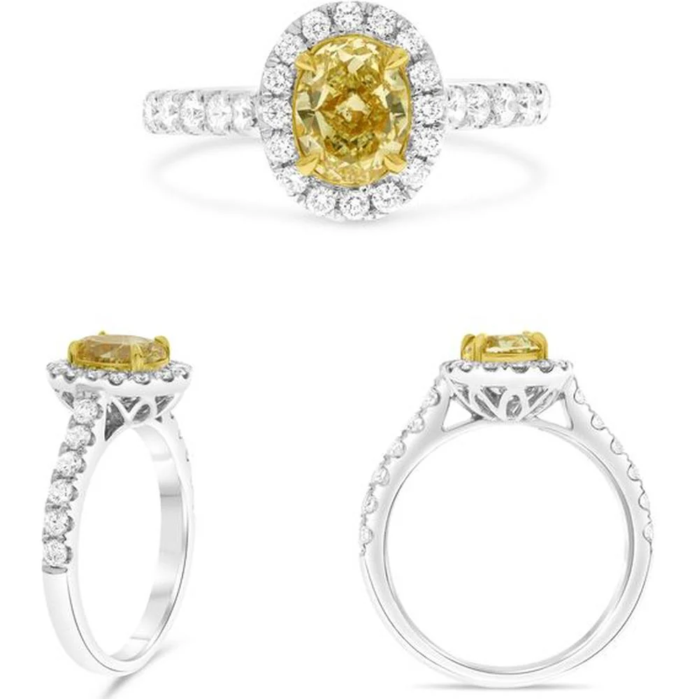 Roman & Jules - 18K White and Yellow Gold Oval Fancy Yellow Diamond Halo Ring - 1.28 Carat Total Diamond Weight