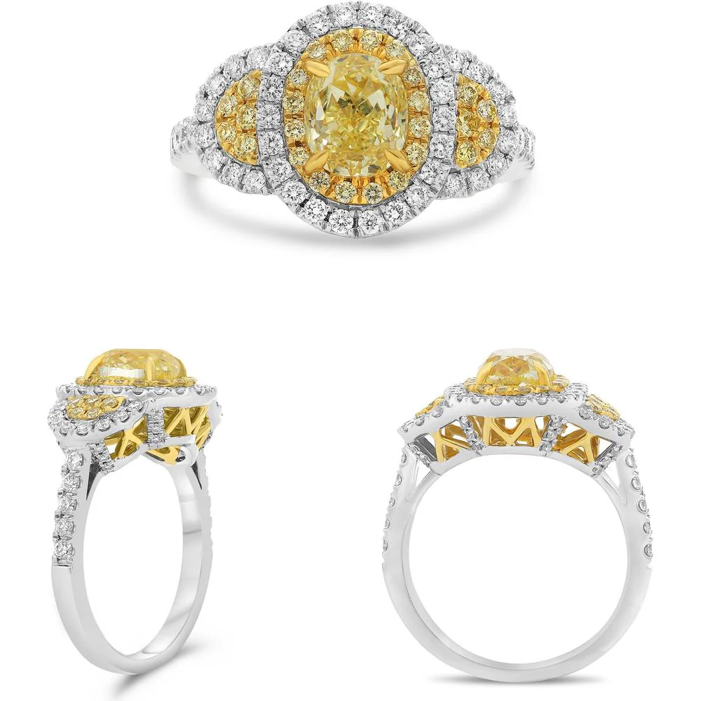 Roman & Jules - 18K White and Yellow Gold Oval Fancy Yellow Diamond Halo Ring with 0.62 Carat Round White Diamonds - 1.03 Carat Total Yellow Diamond Weight