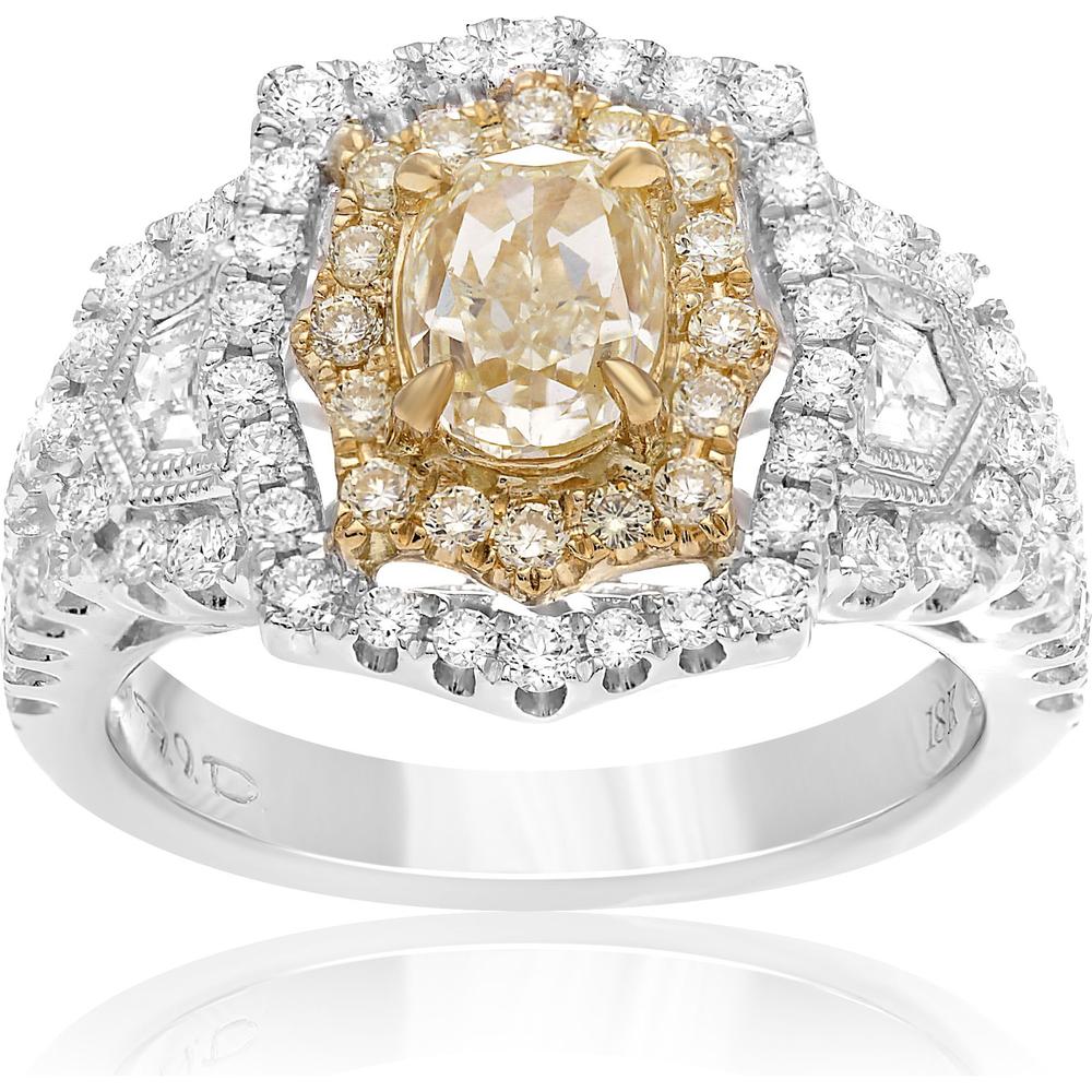 Roman & Jules - 18K White and Yellow Gold Oval Fancy Yellow Diamond Halo Ring with Round Diamonds - 1.84 Carat Total Diamond Weight