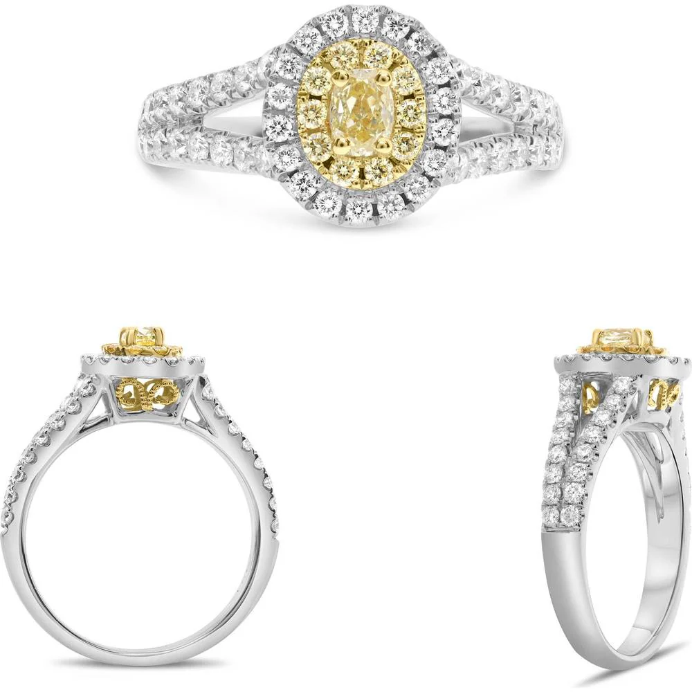 Roman & Jules - 18K White and Yellow Gold Oval Fancy Yellow Diamond Halo Ring with Round White and Yellow Diamonds - 1.15 Carat Total Diamond Weight