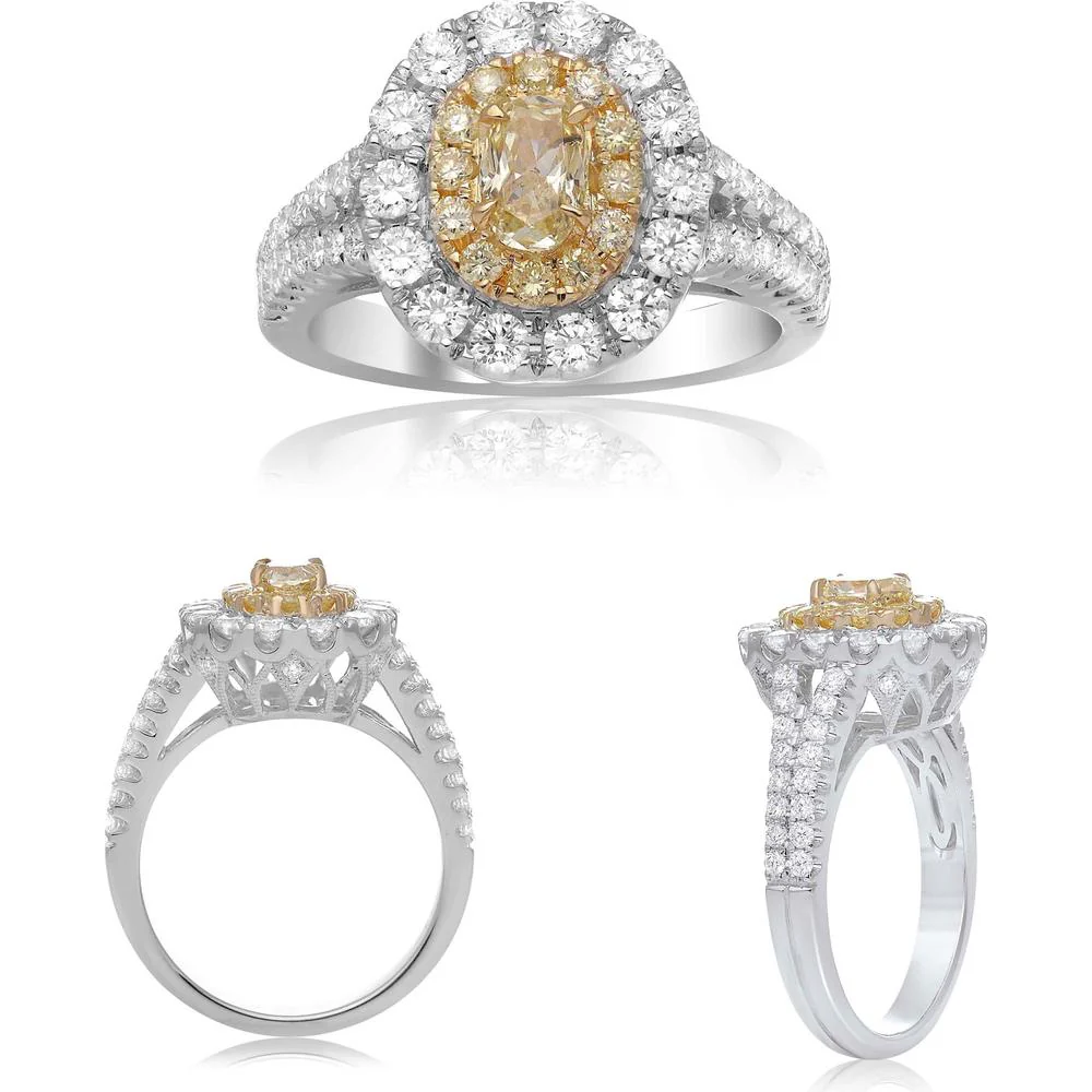 Roman & Jules - 18K White and Yellow Gold Oval Fancy Yellow Diamond Halo Ring with Round White Diamonds - 0.53 Carat Fancy Yellow Diamond, 0.21 Carat Round White Diamonds