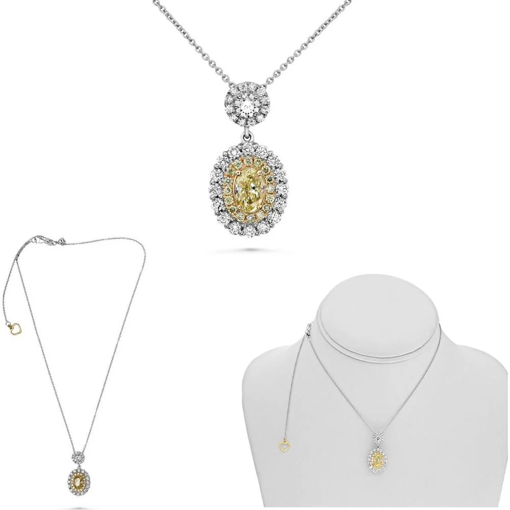 Roman & Jules - 18K White and Yellow Gold Oval Fancy Yellow Diamond Necklace with Round Diamonds - 1.58 Carat Total Diamond Weight