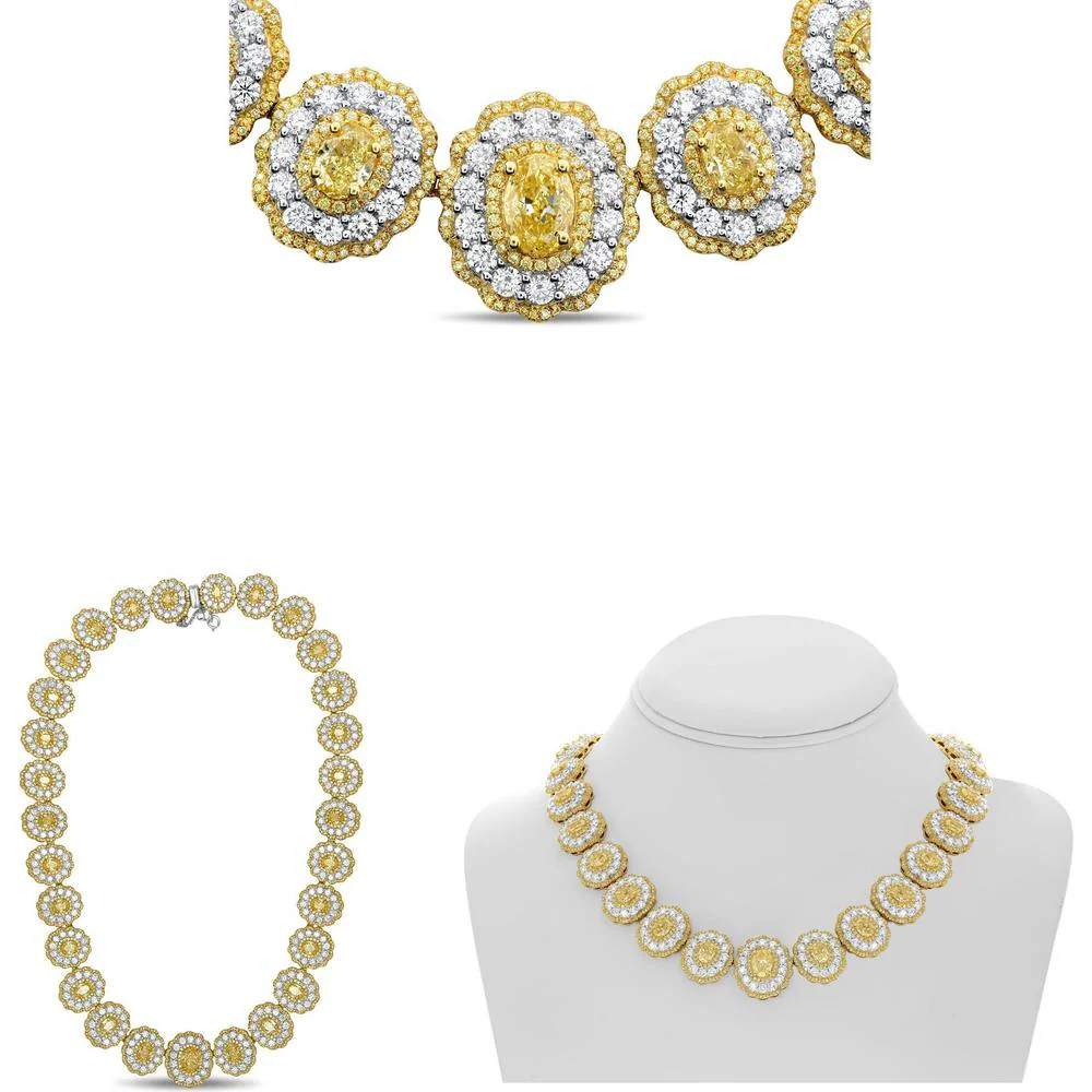 Roman & Jules - 18K White and Yellow Gold Oval Fancy Yellow Diamond Necklace with Round White and Yellow Diamonds - 34.38 Carat Total Diamond Weight