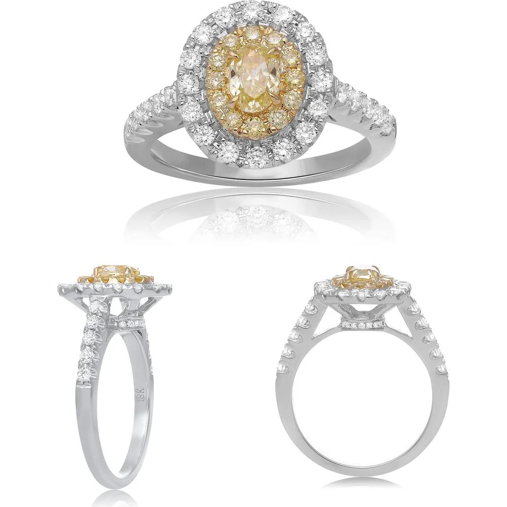 Roman & Jules - 18K White and Yellow Gold Oval Fancy Yellow Diamond Ring with Halo - 1.19 Carat Total Diamond Weight