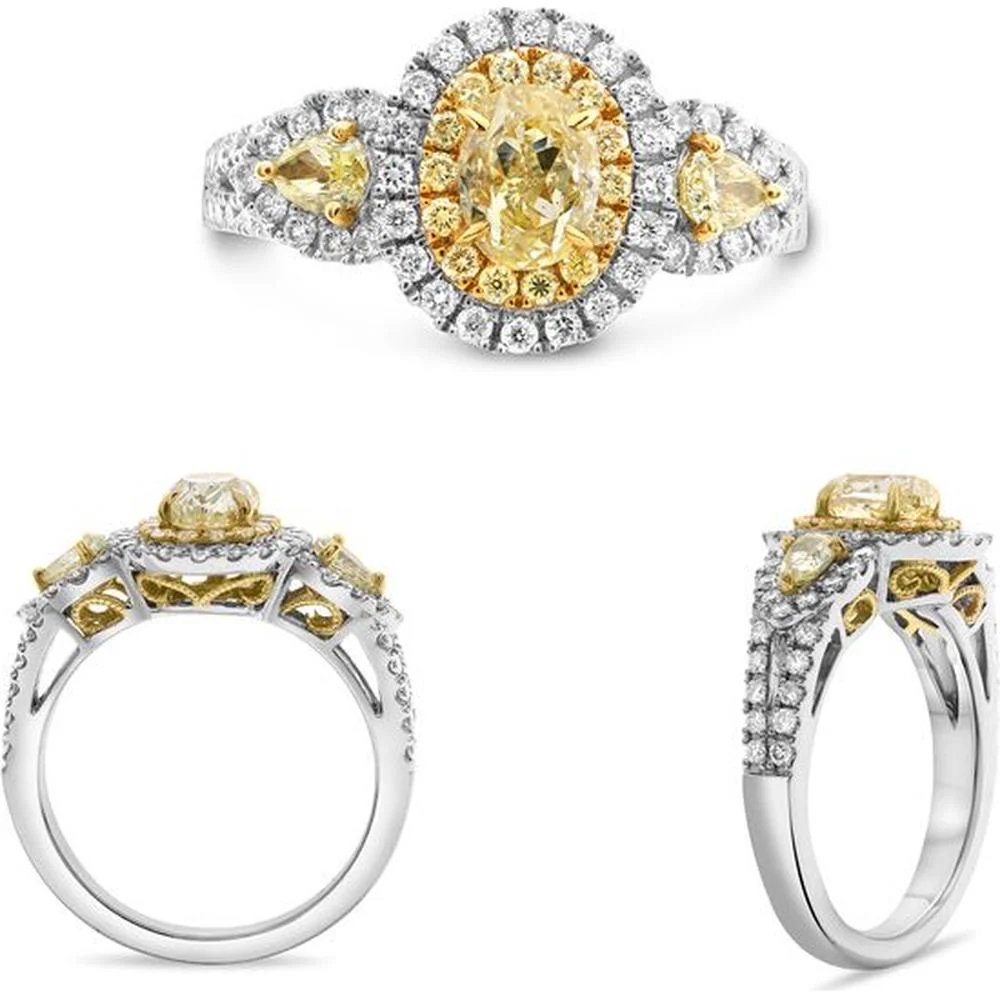 Roman & Jules - 18K White & Yellow Gold Oval Fancy Yellow Diamond Ring with Pear & Round Diamonds - 1.36 Carat Total Diamond Weight