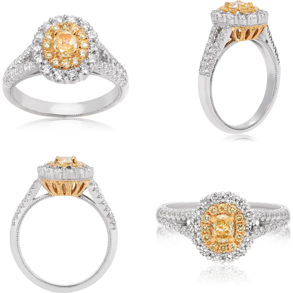 Roman & Jules - 18K White and Yellow Gold Oval Fancy Yellow Diamond Ring with Round and Oval Diamonds - 1.01 Carat Total Diamond Weight