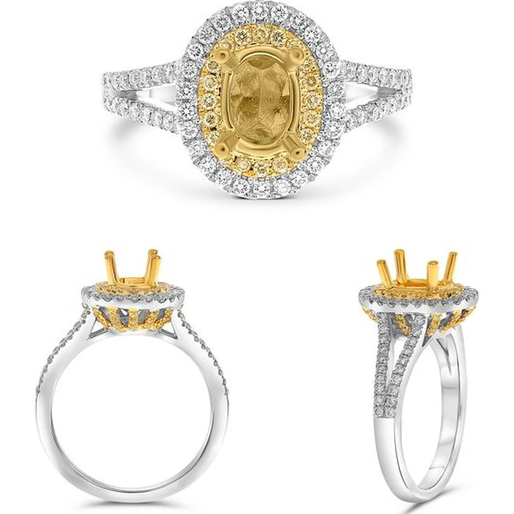 Roman & Jules - 18K White and Yellow Gold Oval Fancy Yellow Diamond Ring with Round Brilliant Halo - 0.60 Carat Total Diamond Weight