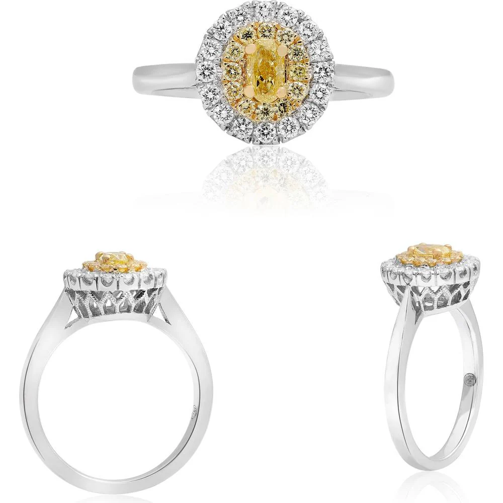 Roman & Jules - 18K White and Yellow Gold Oval Fancy Yellow Diamond Ring with Round Diamond Halo - 0.72 Carat Total Diamond Weight