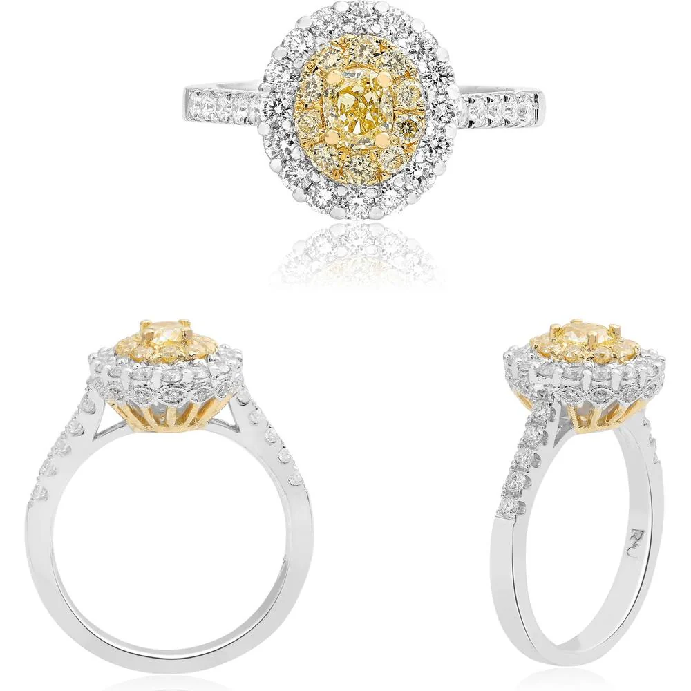 Roman & Jules - 18K White and Yellow Gold Oval Fancy Yellow Diamond Ring with Round Diamond Halo - 1.01 Carat Yellow Diamond Weight