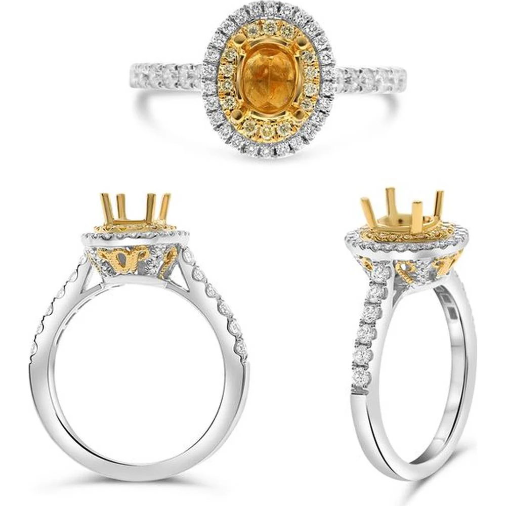 Roman & Jules - 18K White and Yellow Gold Oval Fancy Yellow Diamond Ring with Round Diamond Halo - 1.08 Carat Total Diamond Weight