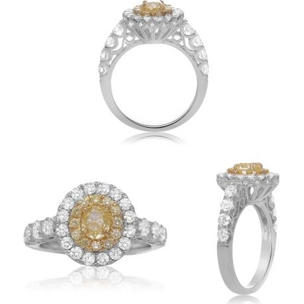 Roman & Jules - 18K White and Yellow Gold Oval Fancy Yellow Diamond Ring with Round Diamond Halo - 1.29 Carat Total Diamond Weight