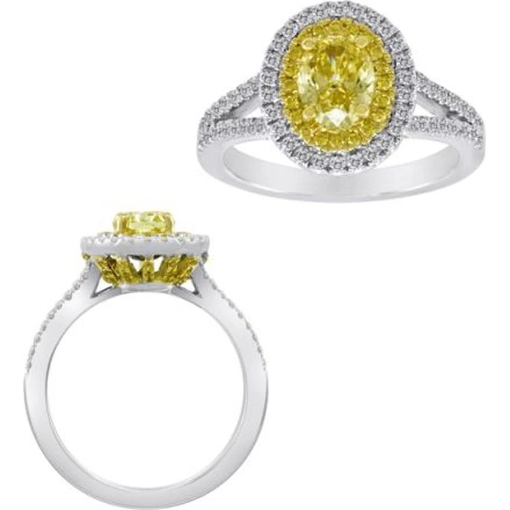 Roman & Jules - 18K White and Yellow Gold Oval Fancy Yellow Diamond Ring with Round Diamond Halo - 2.01 Carat Total Diamond Weight