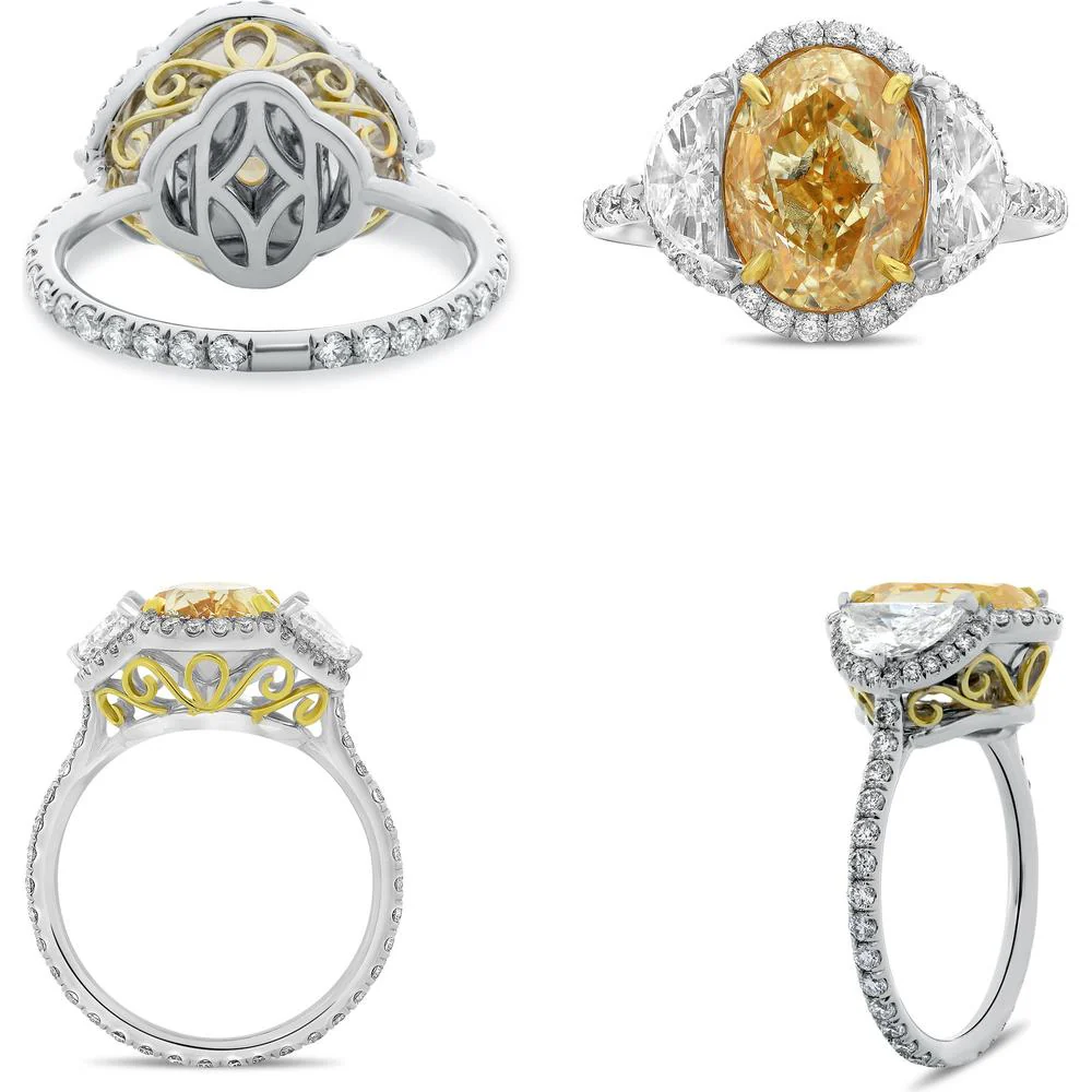 Roman & Jules - 18K White and Yellow Gold Oval Fancy Yellow Diamond Ring with Round Diamond TS Halo - 4.01 Carat Total Diamond Weight
