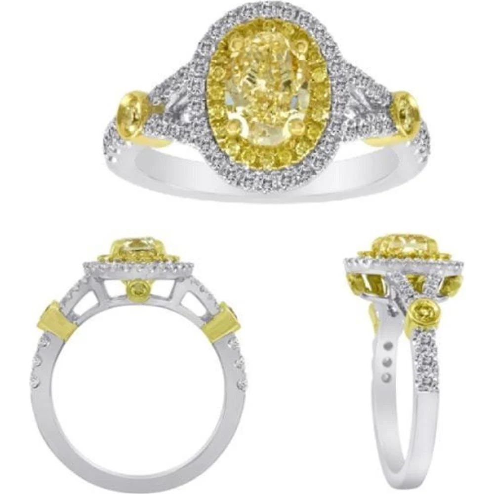Roman & Jules - 18K White and Yellow Gold Oval Fancy Yellow Diamond Ring with Round Diamonds - 1.35 Carat Total Diamond Weight