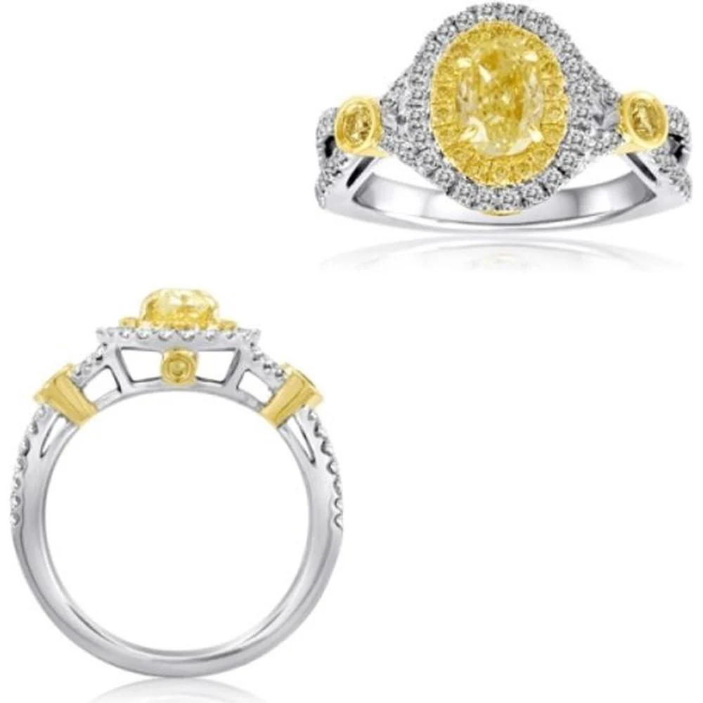 Roman & Jules - 18K White and Yellow Gold Oval Fancy Yellow Diamond Ring with Round Diamonds - 1.62 Carat Total Diamond Weight