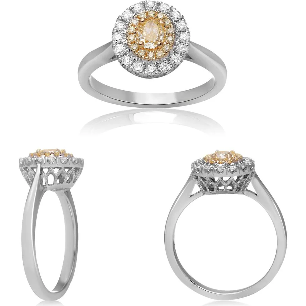 Roman & Jules - 18K White and Yellow Gold Oval Fancy Yellow Diamond Ring with Round White Diamonds - 0.78 Carat Total Diamond Weight