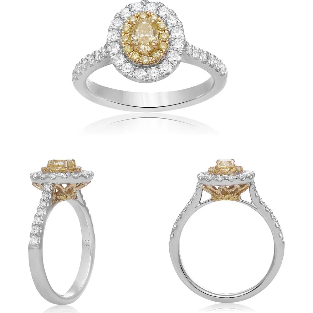 Roman & Jules - 18K White and Yellow Gold Oval Fancy Yellow Diamond Ring with Round White Diamonds - 1.15 Carat Total Diamond Weight