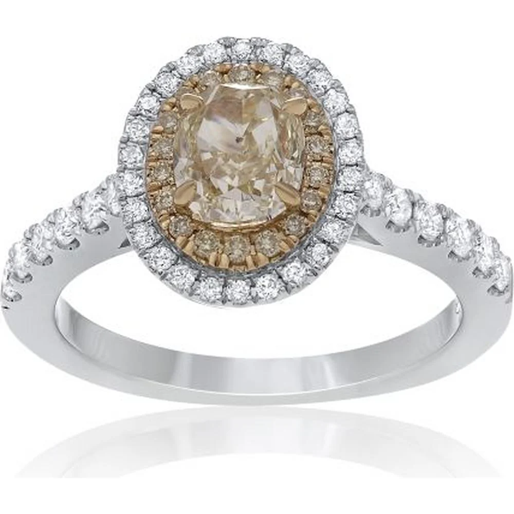 Roman & Jules - 18K White and Yellow Gold Oval Fancy Yellow Diamond Ring with Round White Diamonds - 1.18 Carat Total Diamond Weight