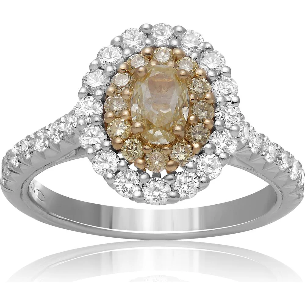 Roman & Jules - 18K White and Yellow Gold Oval Fancy Yellow Diamond Ring with Round White Diamonds - 1.19 Carat Total Diamond Weight