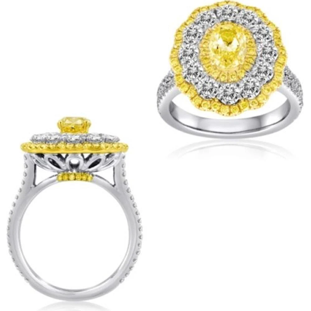 Roman & Jules - 18K White and Yellow Gold Oval Fancy Yellow Diamond Ring with Round White Diamonds - 2.39 Carat Total Diamond Weight