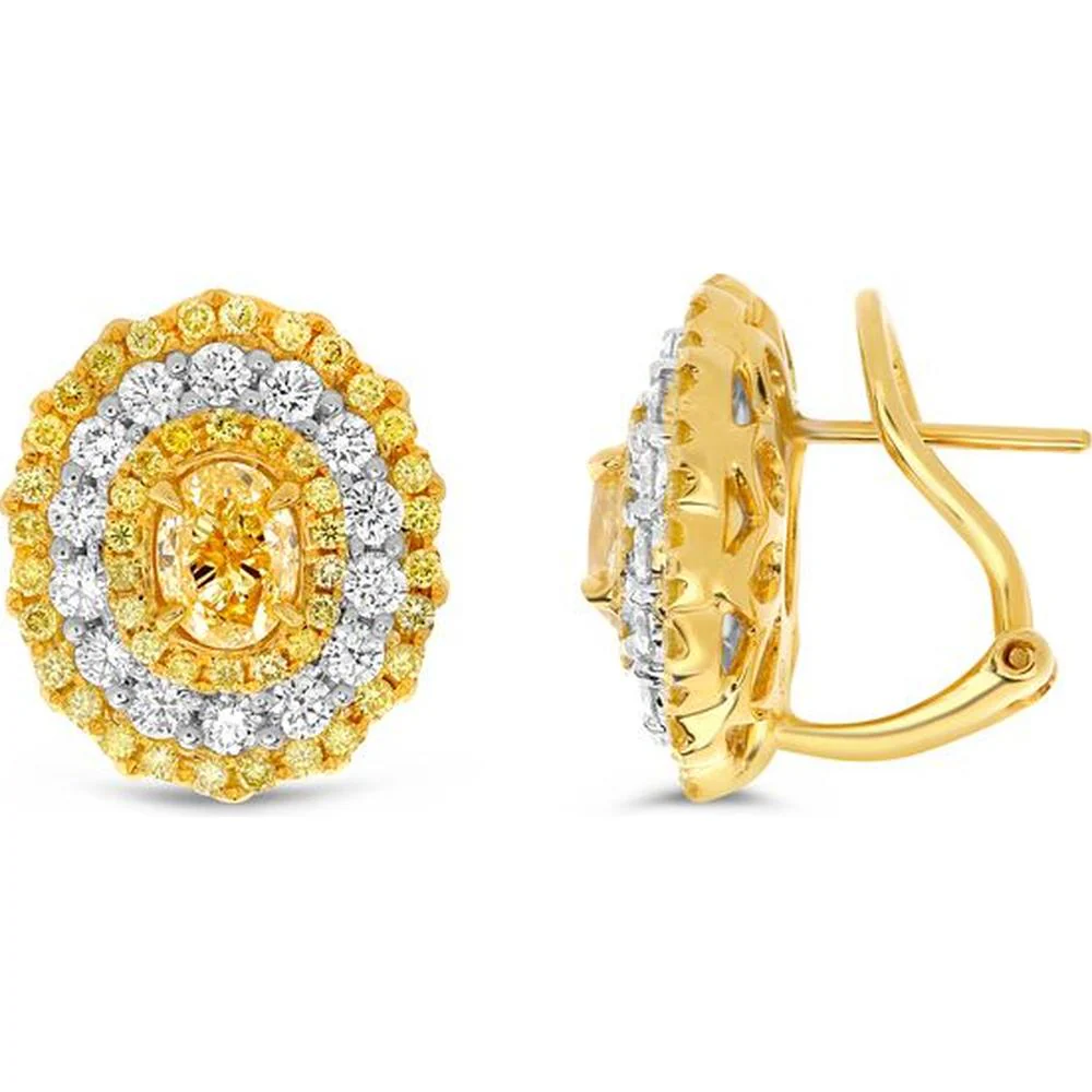Roman & Jules - 18K White and Yellow Gold Oval Fancy Yellow Diamond Triple Halo Stud Earrings - 1.08 Carat Total Diamond Weight