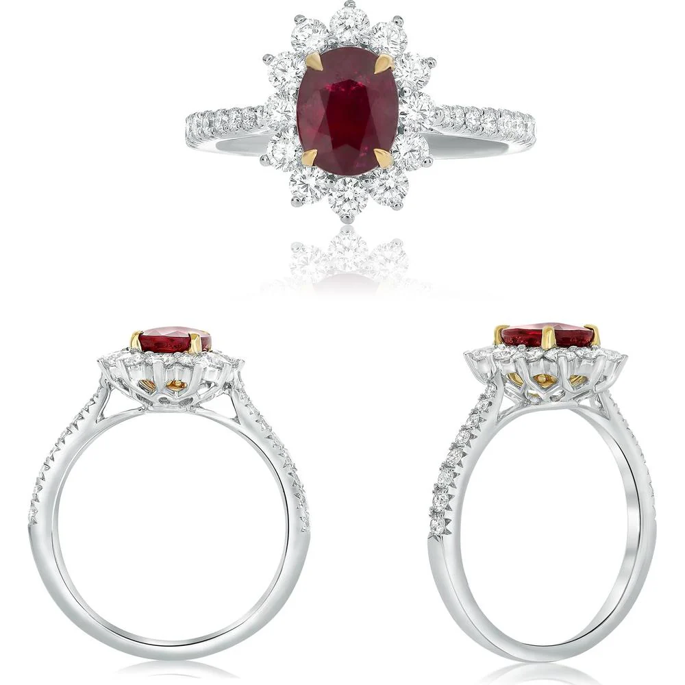 Roman & Jules - 18K White and Yellow Gold Oval Ruby Halo Ring with Round Diamonds - 1.55 Carat Total Diamond Weight