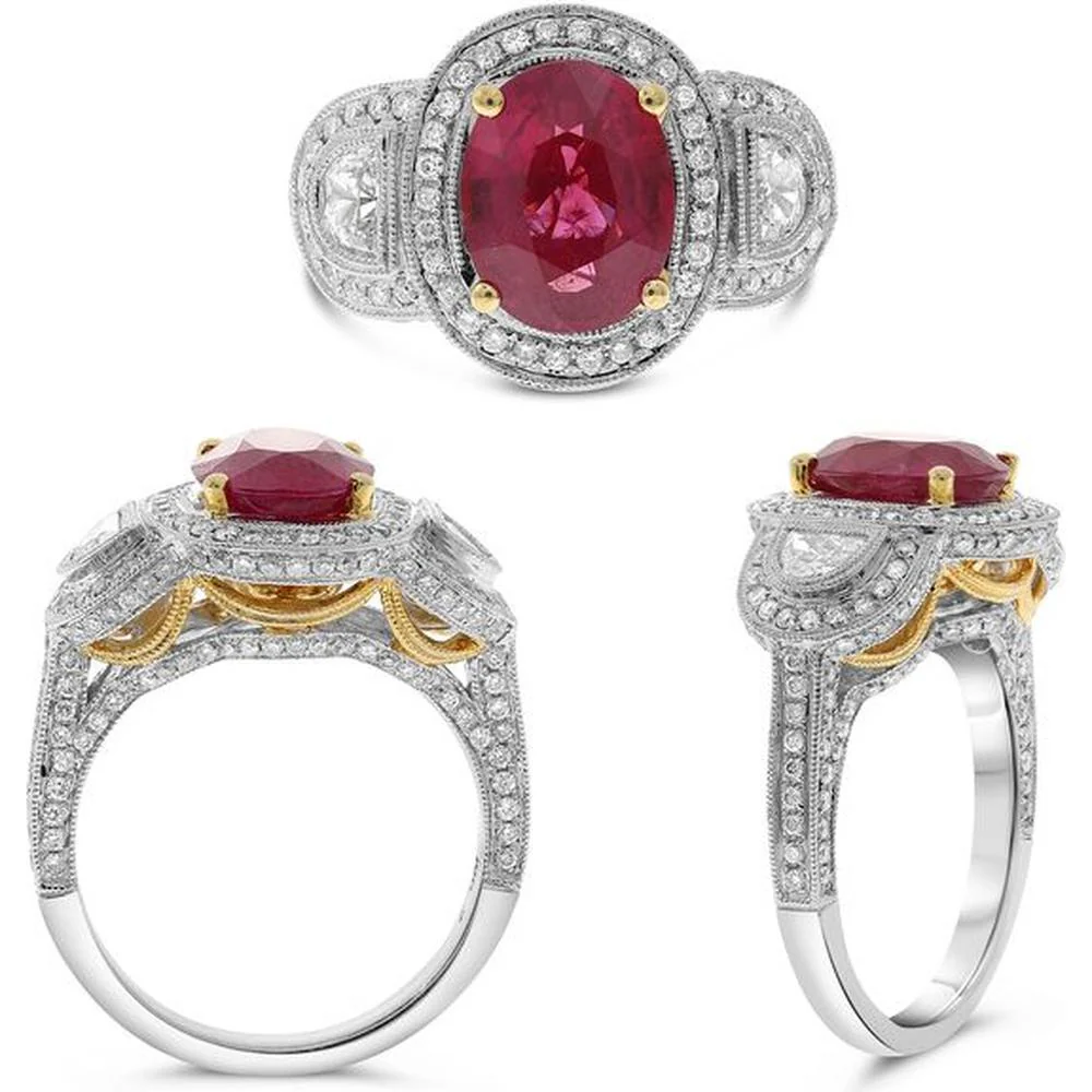 Roman & Jules - 18K White and Yellow Gold Oval Ruby Halo Ring with Round Diamonds - 2.54 Carat Ruby, 0.80 Carat Diamonds