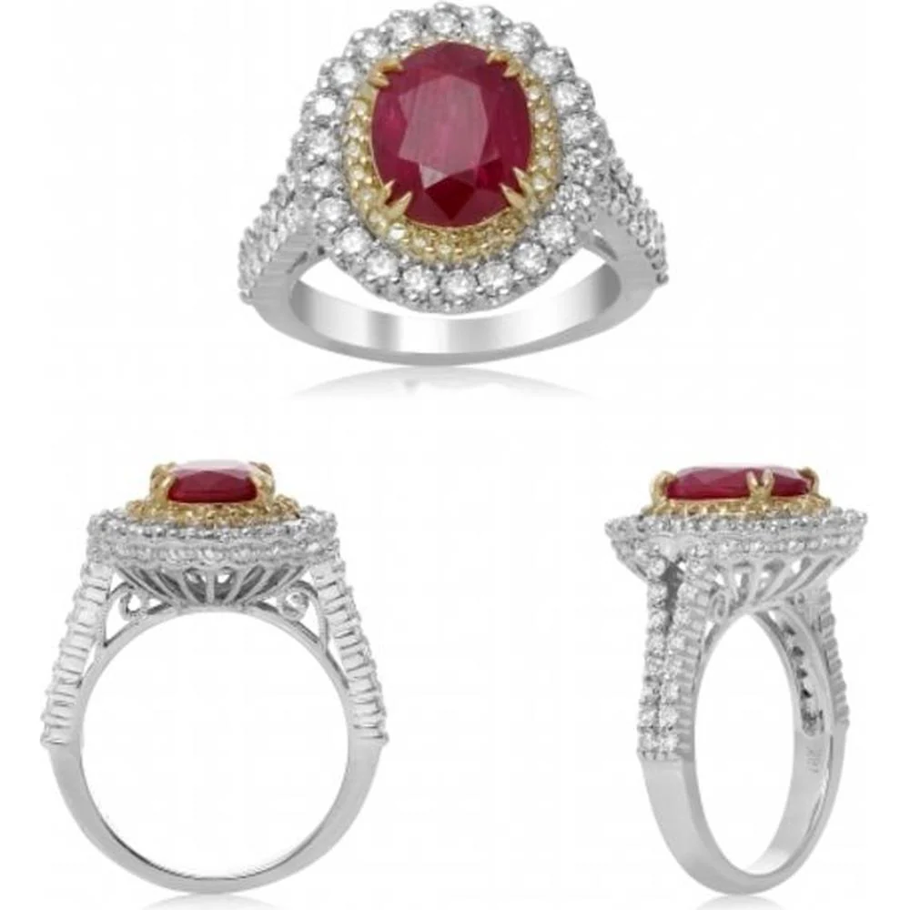 Roman & Jules - 18K White and Yellow Gold Oval Ruby Ring with Round Diamond Halo - 3.10 Carat Ruby, 1.10 Carat Total Diamond Weight