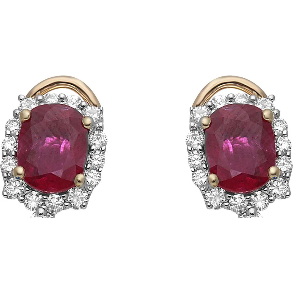 Roman & Jules - 18K White and Yellow Gold Oval Ruby Stud Earrings with Diamond Halo - 3.13 Carat Total Ruby Weight